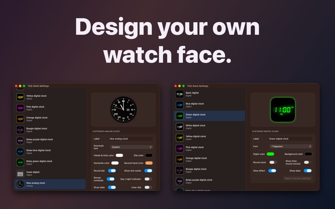 TickDock Settings showing the analog and digital customization panels side by side