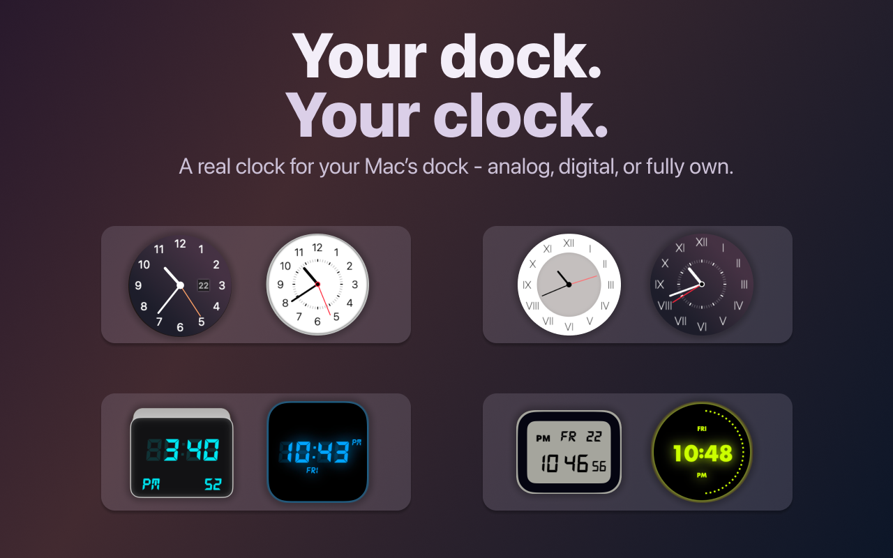 Eight TickDock clock faces — a mix of analog and digital styles — shown in a grid